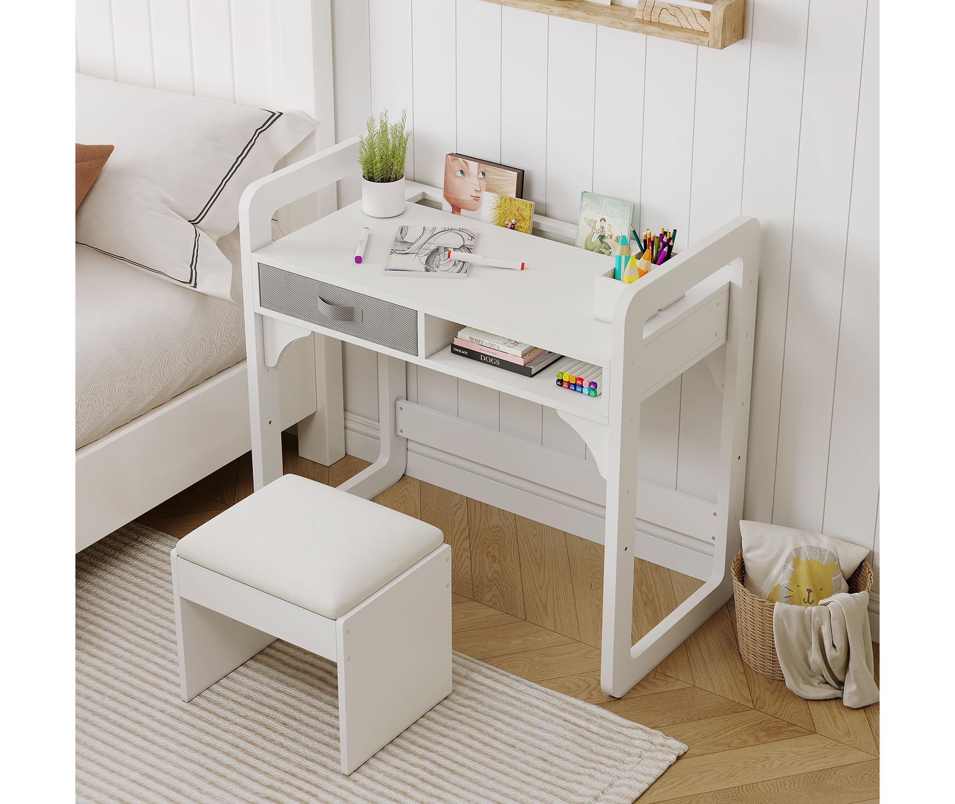 Wooden Kids Study Desk & Chair Set, Adjustable Writing Table with Spacious Cloth Drawers & 2 Pen Holders for Organized Learning, Reading Corner, White