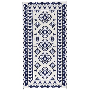 Aghana Digitals Reversible Blue & White Rhombus Outdoor Rug, 9'x18' Waterproof Polypropylene with - 1 of 4