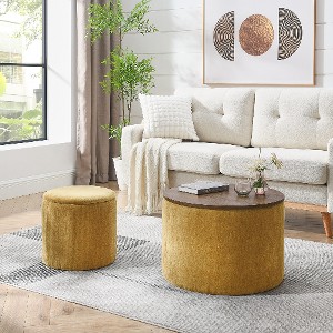 Lyngins 2-Piece Set Round Chenille Storage Ottoman with a Drum Shaped Small Stool– No-Assembly, Soft Padded Foot Stool, Ottoman with Storage - 1 of 4