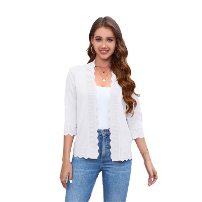 Womens Lightweight Sweater Cardigan 3/4 Sleeve Open Front Cardigan Birdeye Knit Wavy Trim Cardigan Breathable Soft Sweater