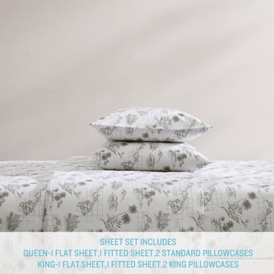 Vintage Map Print White Cotton Queen Sheet Set