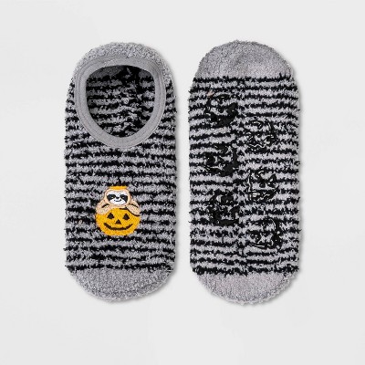 Women's Embroidered Pumpkin Sloth Cozy Striped Halloween Pull-On Liner Socks - Hyde & EEK! Boutique™ Gray 4-10