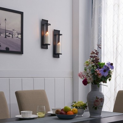 Black Iron and Glass Wall Sconce Light Set of 2