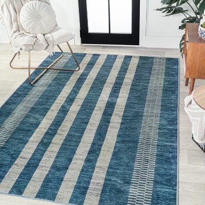 Blue and Cream Striped Machine-Washable Synthetic Area Rug