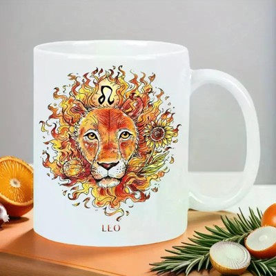 Leo Zodiac Ceramic Mug - Insulated, Reusable 11oz White Cup with Vibrant Lion Artwork, Perfect for Hot & Cold Drinks