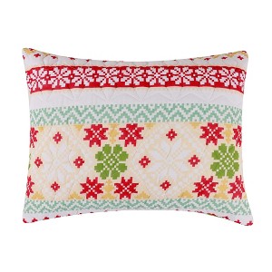 Greenland Home Fashions Fair Isle Snow Sham - Quilted Holiday Pillow Cover, Red & White Nordic Design - 1 of 4