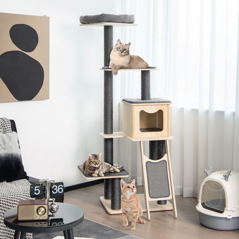 Tangkula 69 in Modern Wood Cat Tree 5-Tier Tall Cat Tower w/ Washable Cushions, 2 of 11