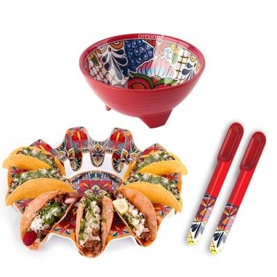 Prepara Taco Kit, Red - Taco Carousel, Spoons, Spacious Party Bowl, Durable Melamine & Dishwasher Safe, Organized Food Serving Set