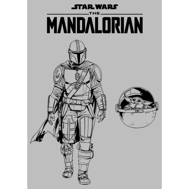 Men's Star Wars: The Mandalorian Grogu and Din Djarin Black and White Sketch T-Shirt, 2 of 6