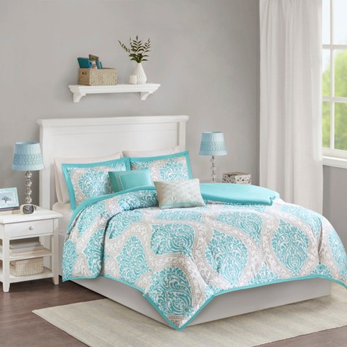 Aqua Chelsea Damask Print Duvet Cover Set King California King 5pc