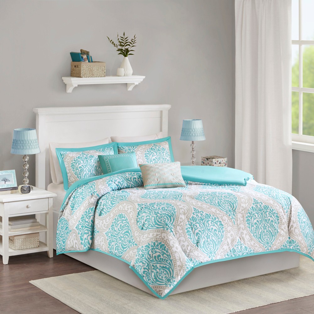 UPC 675716643621 product image for Aqua Chelsea Damask Print Duvet Cover Set Full/Queen 5pc | upcitemdb.com