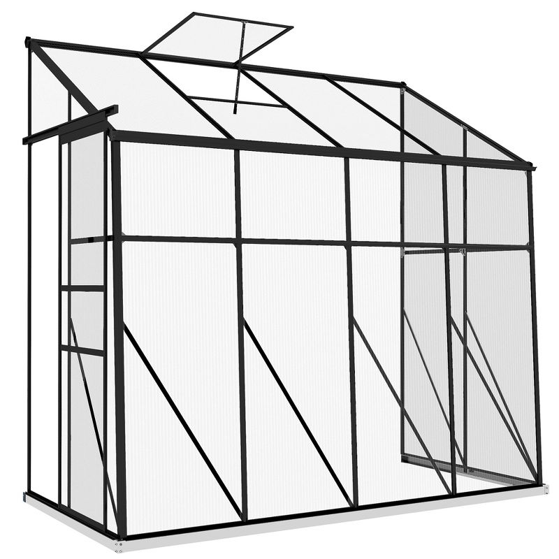 Outsunny Lean-to Polycarbonate Greenhouse with Sliding Door, Roof Vent, Rain Gutter, Walk-in Aluminum Hot House, Black, 1 of 7
