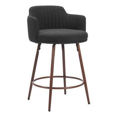 HomeRoots Set of Two 26" Black and Walnut Faux Shearling and Steel Counter Height Swivel Bar Chairs