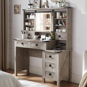 SinCiDo 48" Farmhouse Makeup Vanity Desk w/ Sliding High Definition Mirrors, Charging Station, LED Lights, 7 Drawers & Shelves, Bedroom Vanity Desk - 1 of 4