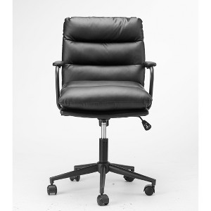 HDZNVF Black Leather Office Chair Mid Back Leather Desk Chair Modern Excutive Office Chair with Arms and Wheels - 1 of 4