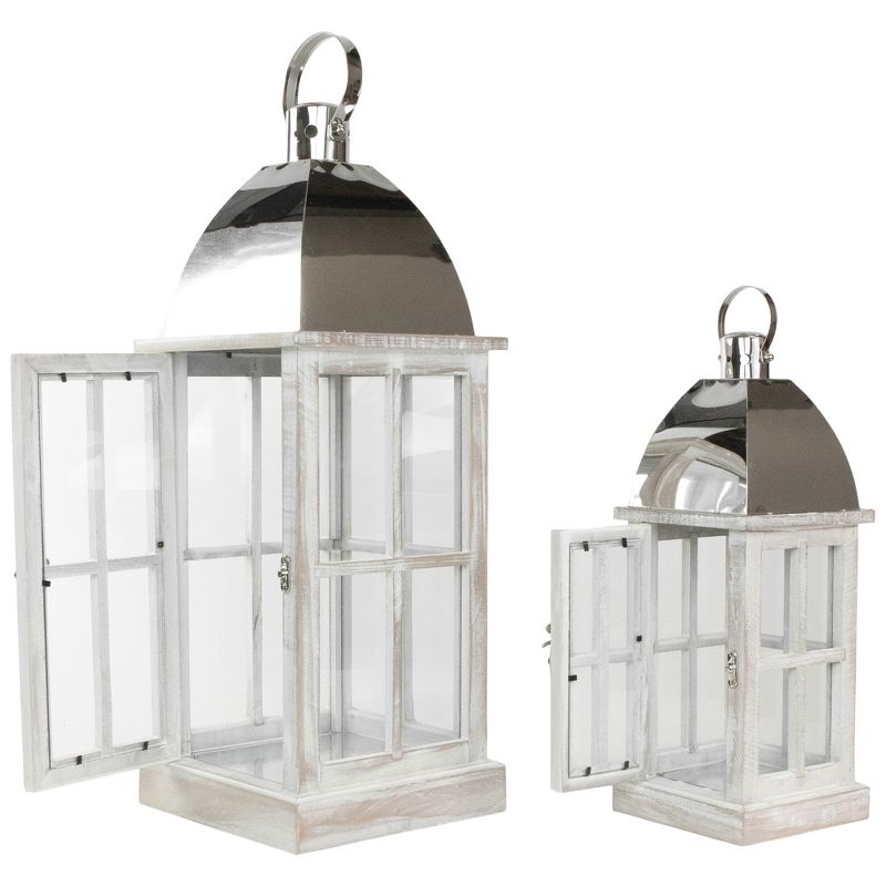 Northlight Set of 2 Antique White Wood Candle Lanterns with Silver Tops 21.5", 4 of 5