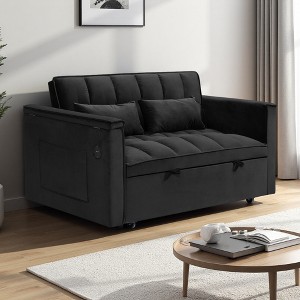 55.5" Velvet 3-in-1 Foldable Sofa Bed with Storage, Pillow & USB Laptop Desk - 1 of 4