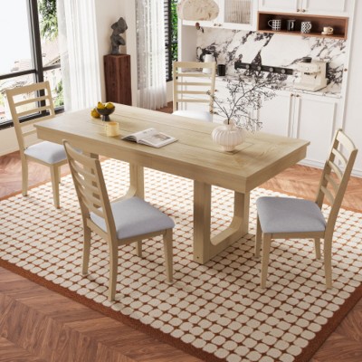 Modern 5-Piece Rubber Wood Extendable Dining Table Set with Upholstered Chairs, Expandable Kitchen Table for Dining Room-Maison Boucle
