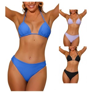 INSPIRE CHIC Women's Halter Solid Ruched Self-Tie Back Swimwear with Bottoms Bikini Combination Sets - 1 of 4
