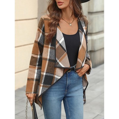 Womens Coat Jackets Plaid Long Sleeve Asymmetrical Open Front