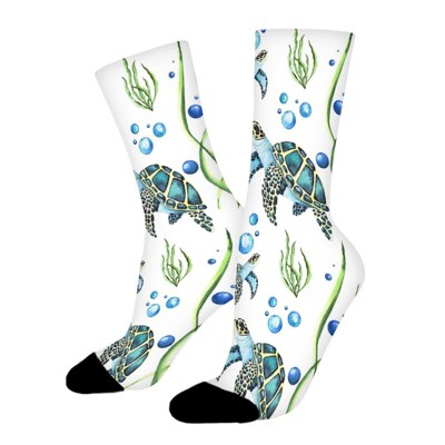 Ocean Animals Turtle In Underwater Women Printed Crew Socks Funny Funky Socks Soft Polyester Novelty Gifts for Artists Men