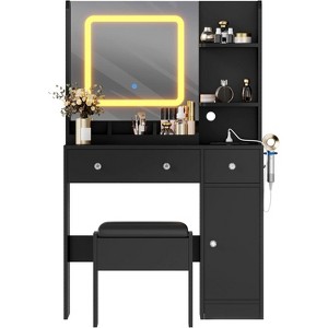 Vanity Desk with Mirror, 3 Lighting Modes Makeup Table with Charging Station, 3 Drawer, 3 Open Shelves and a Cabinet - 1 of 4