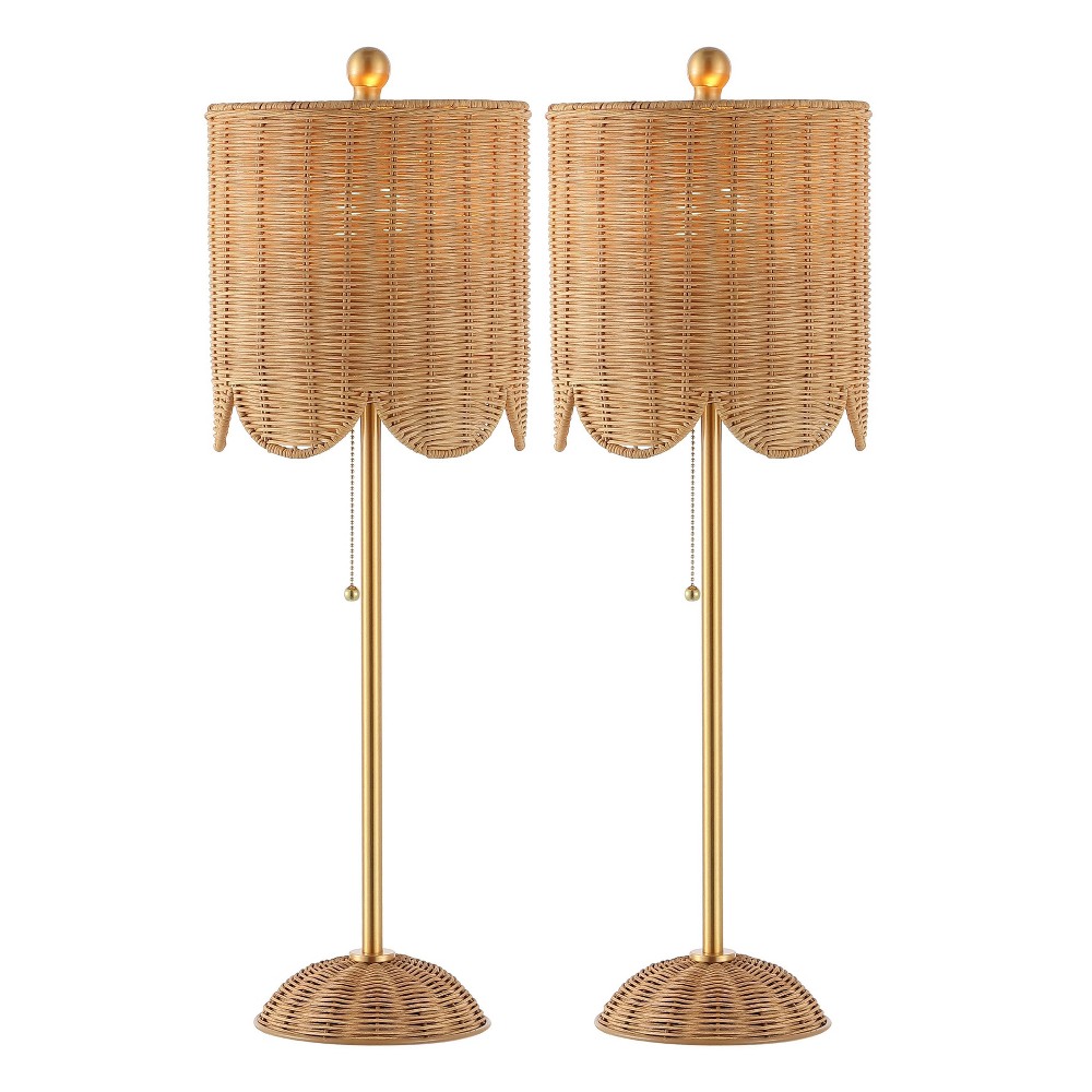 JONATHAN Y Celerie (Set of 2) 27.5" Coastal Rattan Scalloped Buffet Table Lamps: UL Listed, Metal Body, Fabric Cord