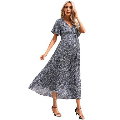 knee length dresses for ladies Light Blue Floral Tie-Back Halter Maternity Maxi Dress
