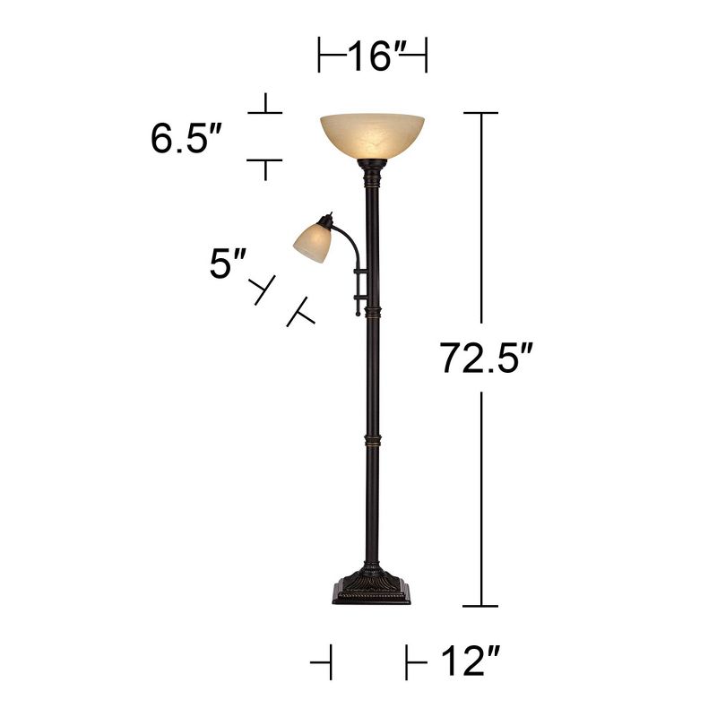 Regency Hill Garver Rustic Retro Torchiere Floor Lamp 72 1/2" Tall Oil Rubbed Bronze with Side Light Amber Glass Shade for Living Room Reading Bedroom, 5 of 11