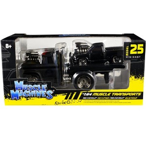 1966 Chevrolet C60 Flatbed Truck Matt Black and 1993 454 SS Truck Matt Black 1/64 Diecast Models by Muscle Machines - 1 of 1