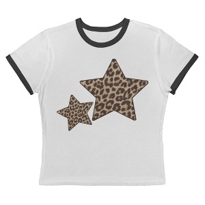 Rerun Island Women's 2 Animal Print Stars Short Sleeve Graphic Cotton Retro Vintage Ranger Baby Tee - White Caviar S - 1 of 4