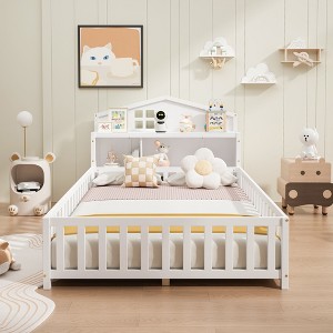 Okak Full Size Platform Bed Frame with Door & Fence,Wooden Floor Bed for Toddlers/Kids Bedroom - 1 of 4