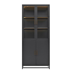 LED Display Cabinet with Glass Doors, Steel Curio Cabinet Storage Cabinet Accent Cabinet Pantry Organizer Cupboard, Black/Dark Blue-ModernLuxe - 1 of 4