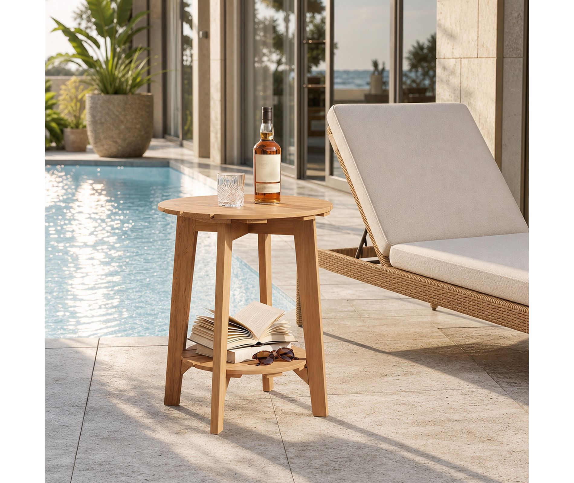 2-Tier Eucalyptus Wood Outdoor Patio Coffee Table with Slatted Tabletop and Storage Shelf, Natural