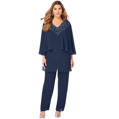 Roaman's Women's Plus Size Embellished Capelet Pant Set