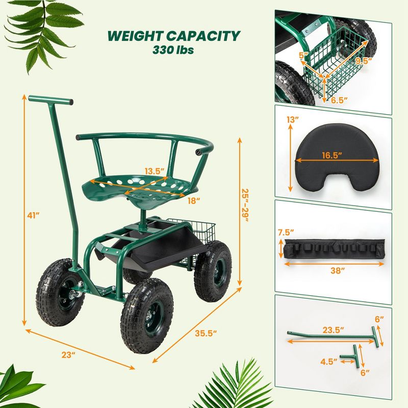 Costway Rolling Garden Cart Outdoor Gardening Workseat with Adjustable Height &Tool Storage, 3 of 11