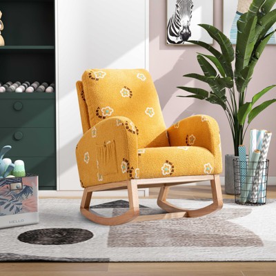 LOVMOR 26.8"W Modern Rocking Chair, Mid Century Accent Rocker Armchair With Side Pocket, Upholstered High Back Wooden Rocking Chair