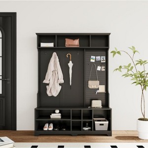 Hall Tree with Shoe Bench Black Finish Coat Rack Pegboard Storage ...