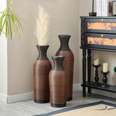 VisioGear Floor Vases, 3-Piece Home Decoration Vases with High Independent Flower Racks for Living Room, Black & Brown, 6.69"*6.69"*27.56"