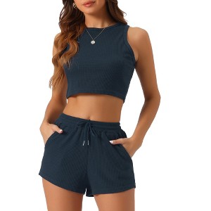 cheibear Women's Waffle Sleeveless Tank Shorts Pajamas 2 Piece Sets - 1 of 4