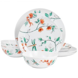 Gibson 12 Piece Dragonfly Melamine Dinnerware Set in White - 1 of 4