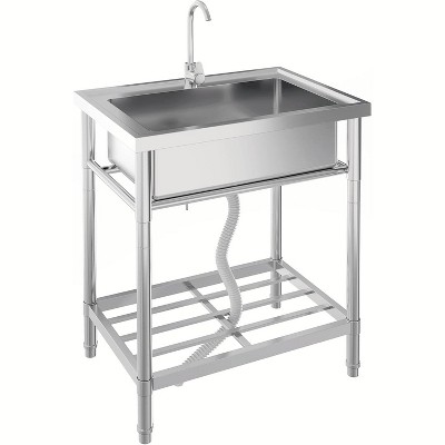 Stainless Steel Utility Sink, Freestanding Single Bowl Design with Hot/Cold Water Pipes, Includes Faucet, Storage Rack, For Garage, Restaurant