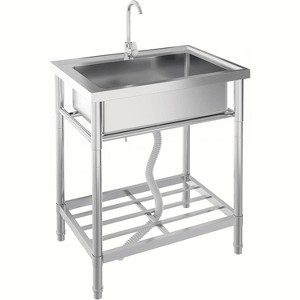 Stainless Steel Utility Sink, Freestanding Single Bowl Design with Hot/Cold Water Pipes, Includes Faucet, Storage Rack, For Garage, Restaurant - 1 of 4
