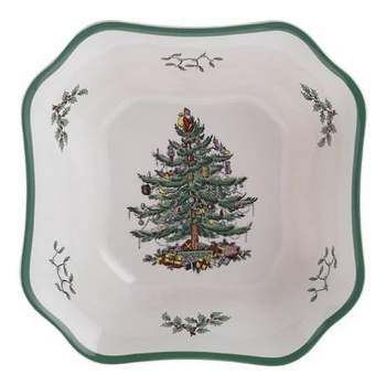 Spode Christmas Tree Square Salad Bowl, 9.5 Inch Ceramic Salad Bowl, Holiday Serving Bowl for Soup, Pasta, and Side Dishes