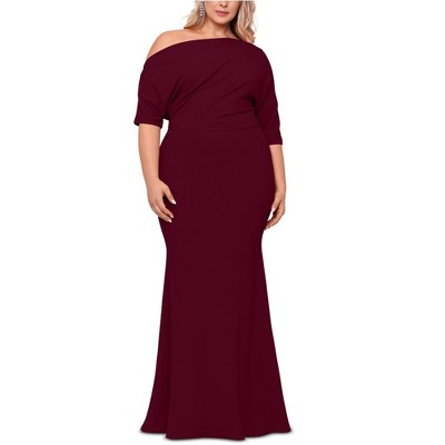 Betsy & Adam Womens Solid Scuba Off-Shoulder Gown Dress