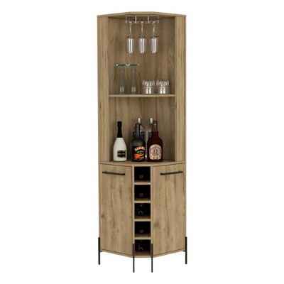 Macadamia Wood Finish Corner Bar Cabinet with Wine Storage