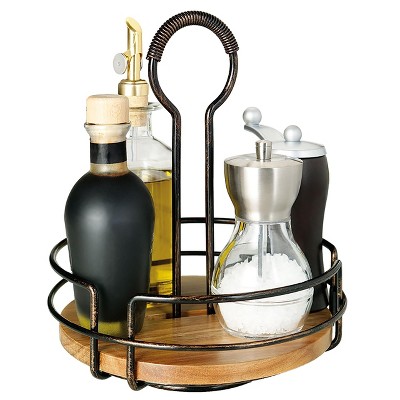 Antique Black Rotating Condiment Caddy with Acacia Wood Insert