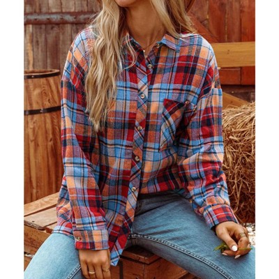 Women's Plaid Print Poose Vintage Shirt Top - fashionworks