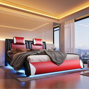 AMERLIFE LED Bed Frame, Faux Leather Upholstered Platform Bed - 1 of 4