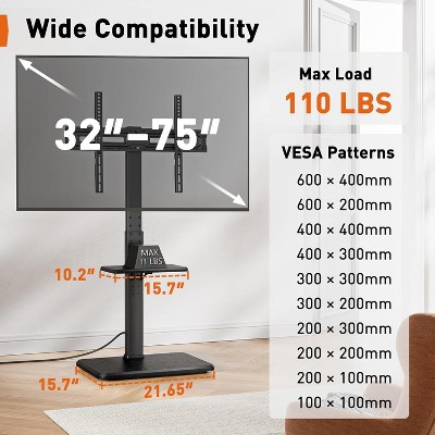 Perlegear Adjustable Floor TV Stand with Power Outlet, Fits 32-75" TVs up to 110 lbs, Swivel Wood Base, Max VESA 600x400mm